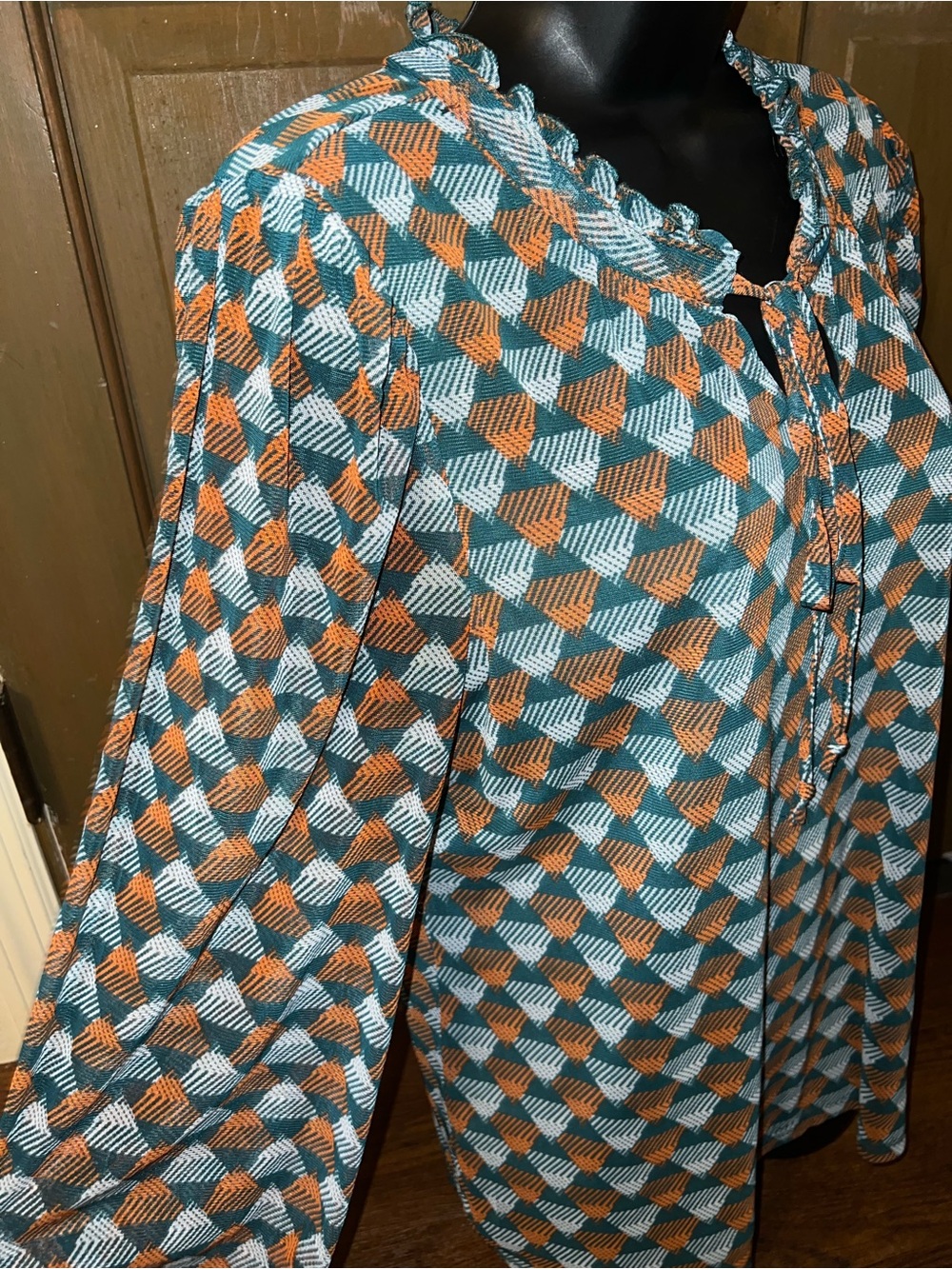 Geometric Teal Retro Blouse 70’s Ruffle Puff Balloon Sleeve Orange Boho Size L - Picture 8 of 12
